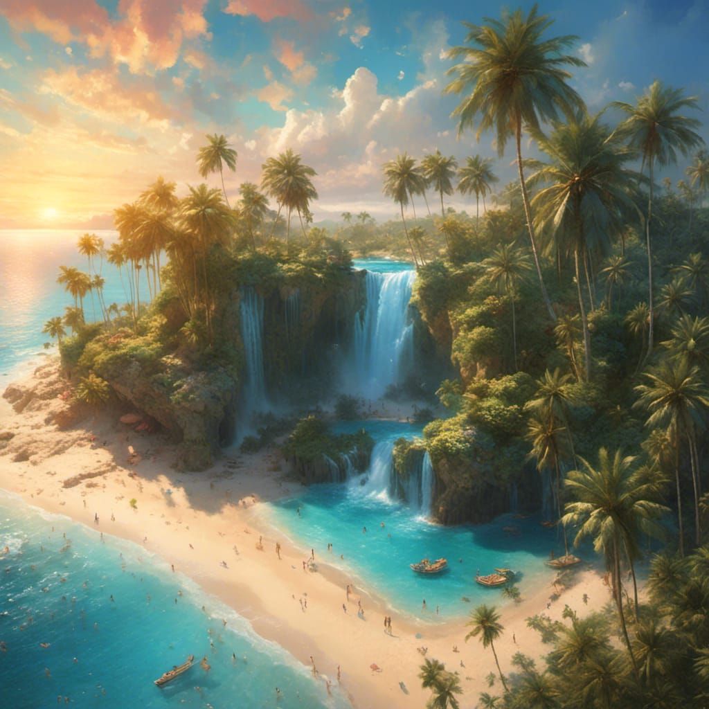 Tropical Island Oasis at Sunset with Waterfall