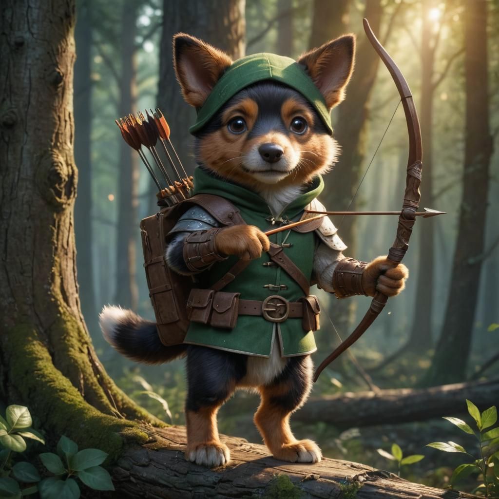 Robin Hood Puppy Archer in Forest, Fantasy Art