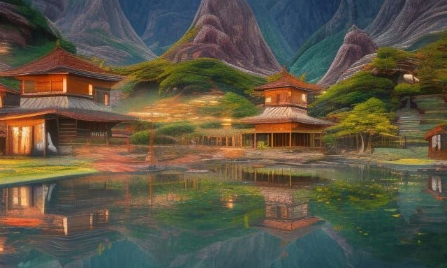 Tranquil Japanese Village at Sunset: Matte Painting