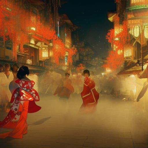 Geisha Dancing at Japanese Festival in Digital Art