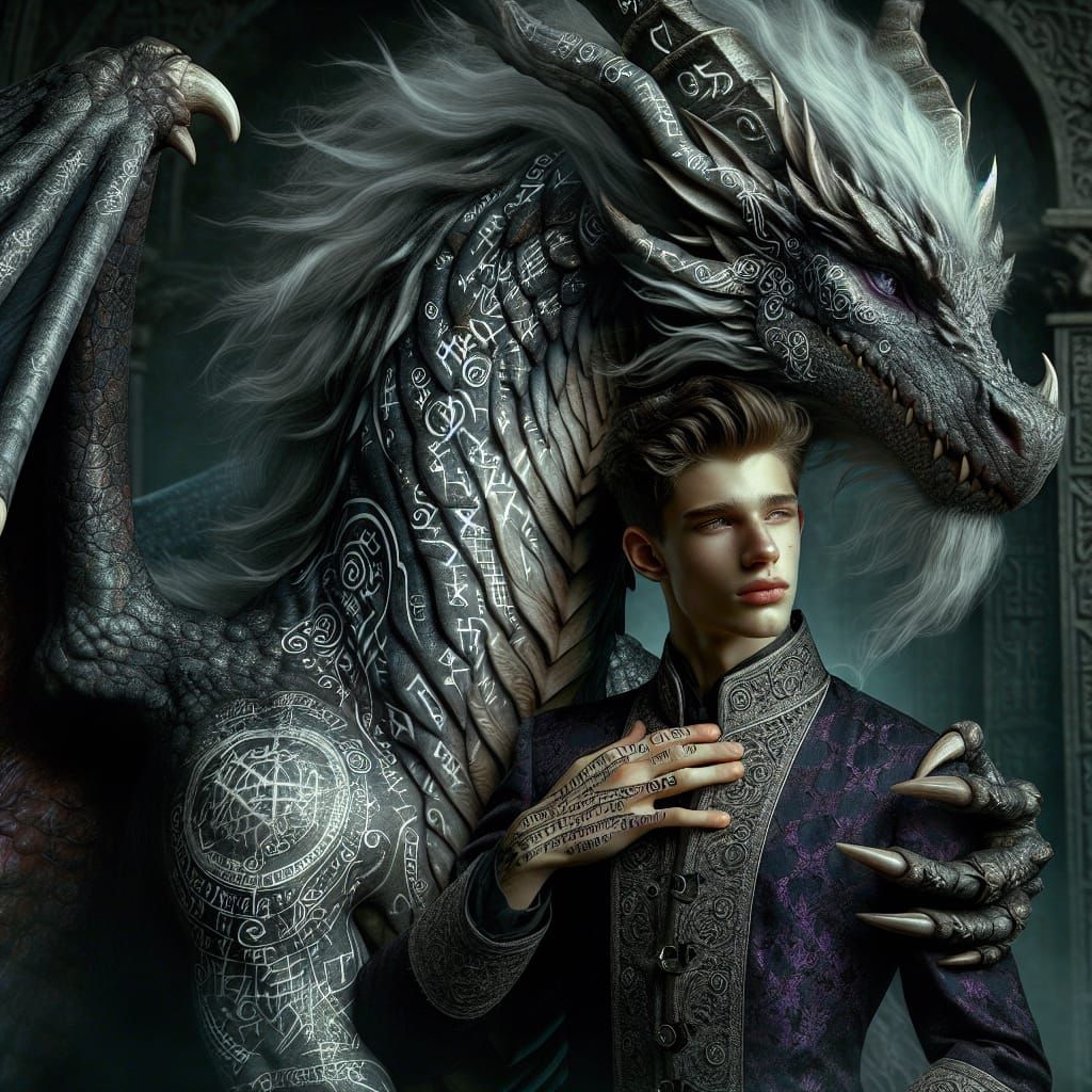 Dragon and Teenage Guardian in Dark Fantasy Setting