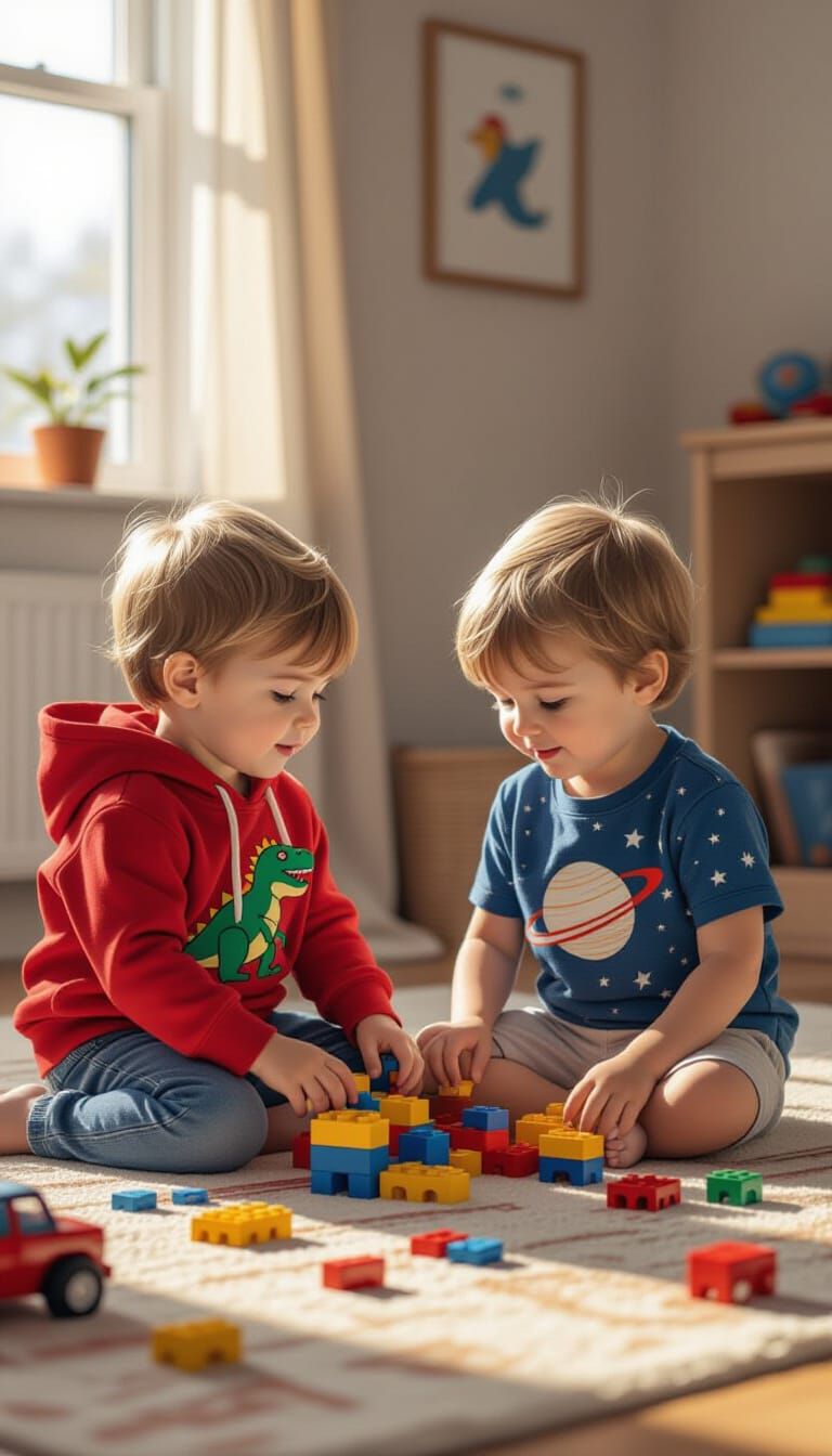 Twin Boys Play: Matte Painting Style