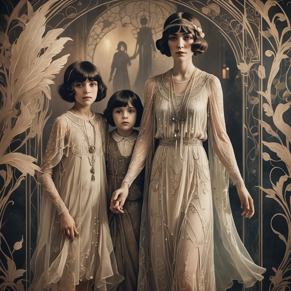 Ethereal Protector: A 1920s Fantasy Art Nouveau Scene
