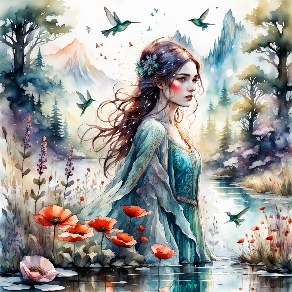 Fantasy Princess in Pond: Digital Watercolor Illustration