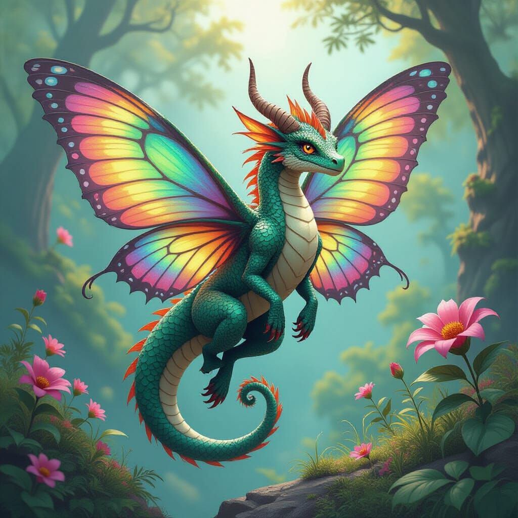 Majestic Dragon-Butterfly Hybrid in Fantasy Landscape