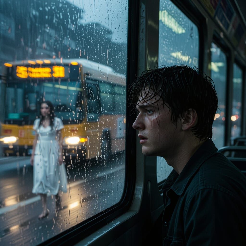 Man's Terror as Woman in White Walks Alongside Speeding Bus