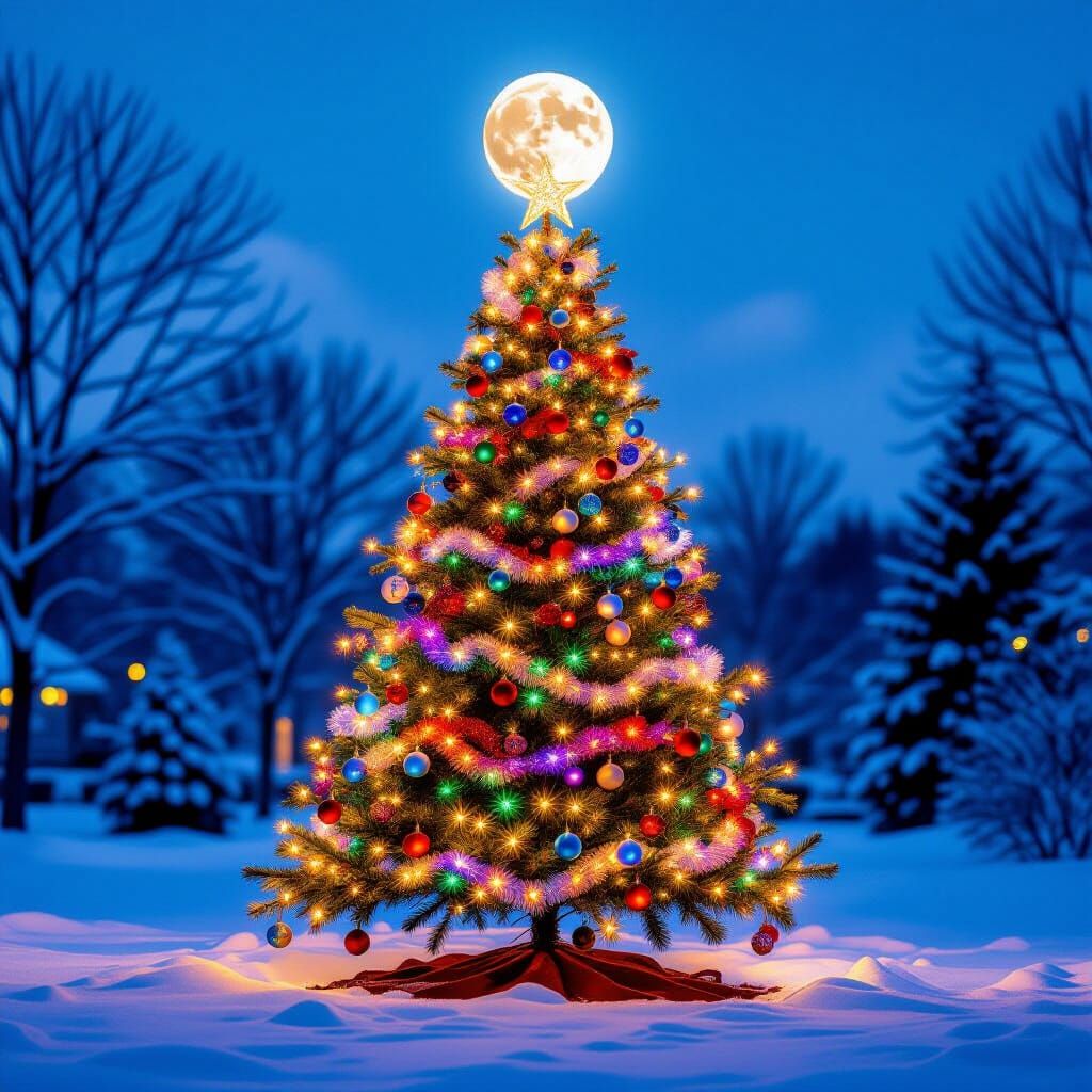 Moon Tops Christmas Tree in Hyperrealistic Night Scene