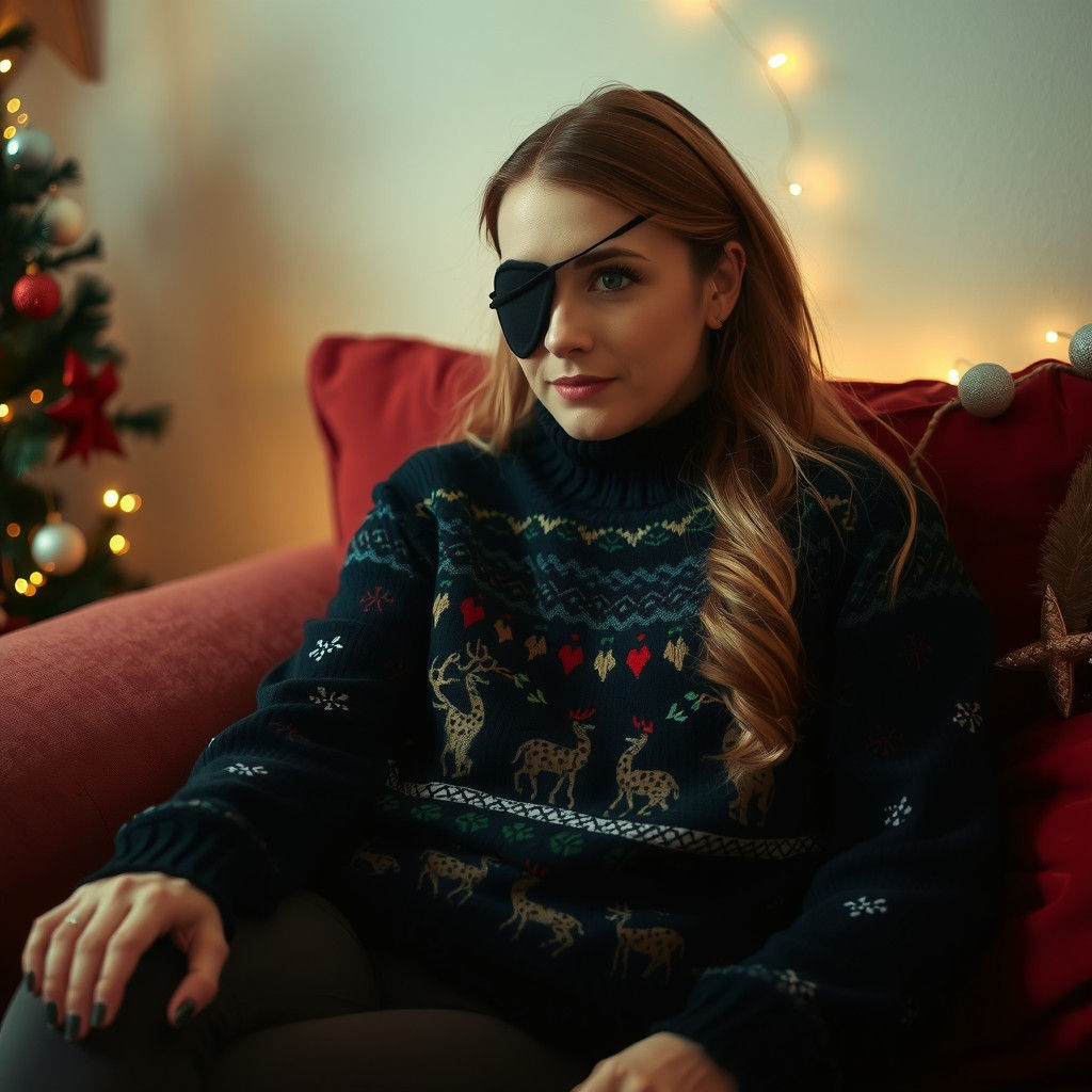 Woman with Eye Patch Relaxing at Christmas