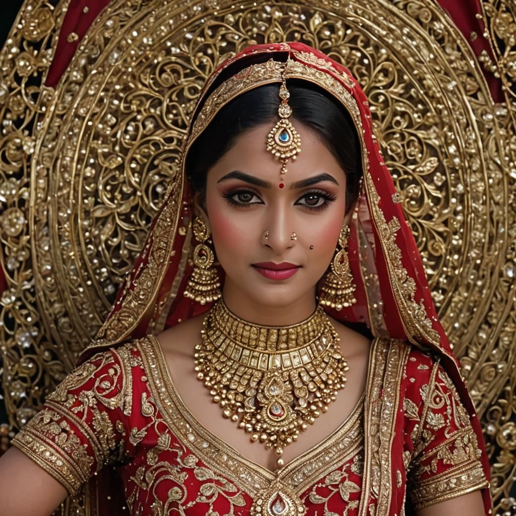 Indian Bride in Traditional Red and Gold Lehenga