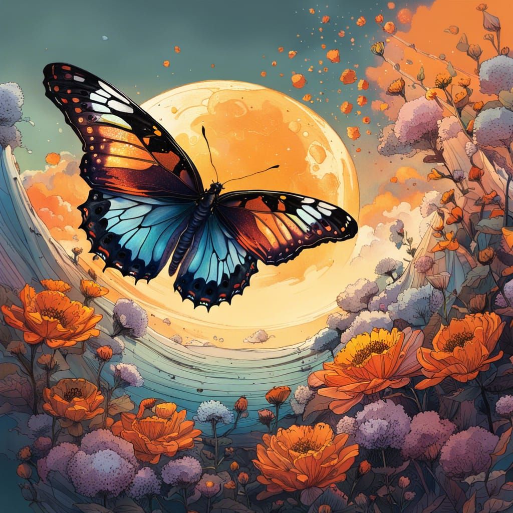 Butterfly on Floral Crescent: Hyperrealistic Splash Art