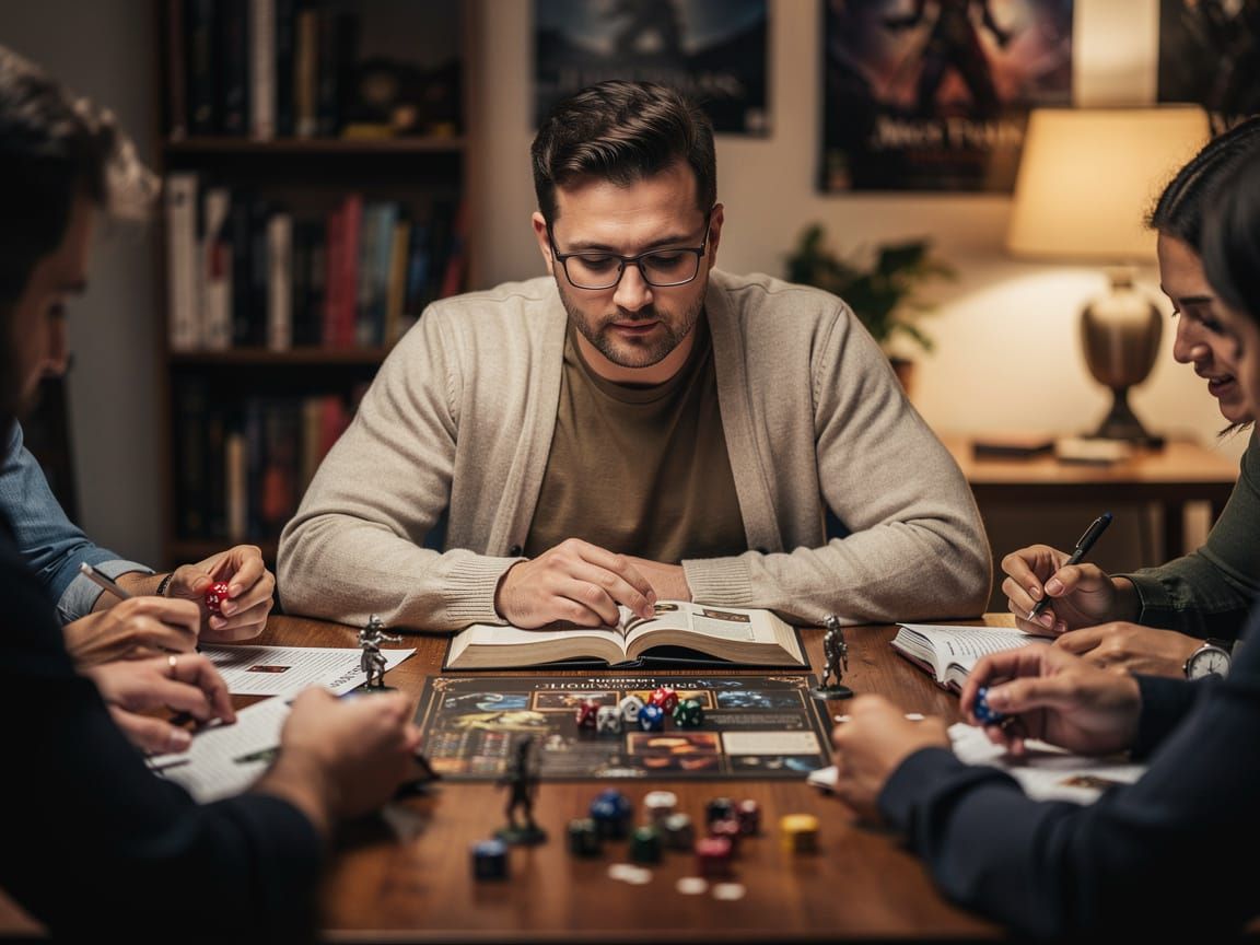 Man Playing Tabletop RPG with Calm Demeanor