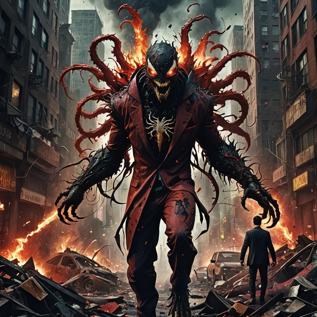 Monstrous Deadpool Venom Fusion in Chaotic Cityscape
