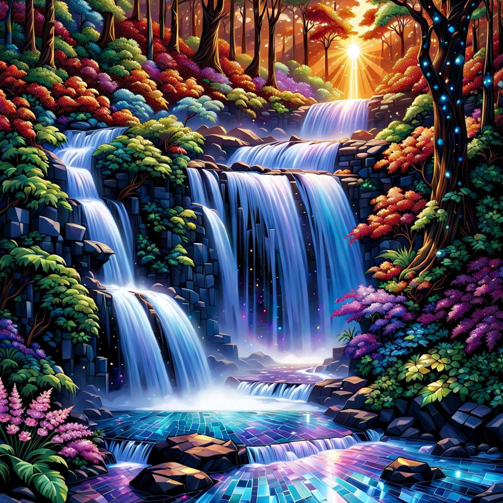 Dazzling Mosaic Waterfall Wall Art in Comic Book Style