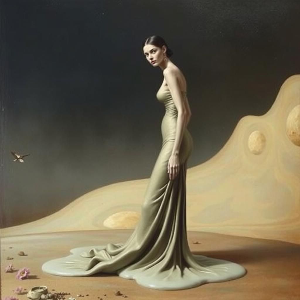 Melting Woman in Dreamscape, Surrealist Oil Painting