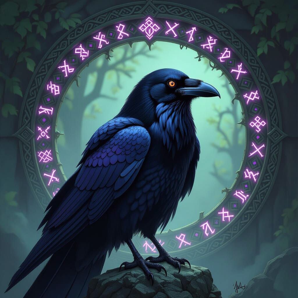 Mischievous Raven with Celtic Runes in Dark Fantasy Style
