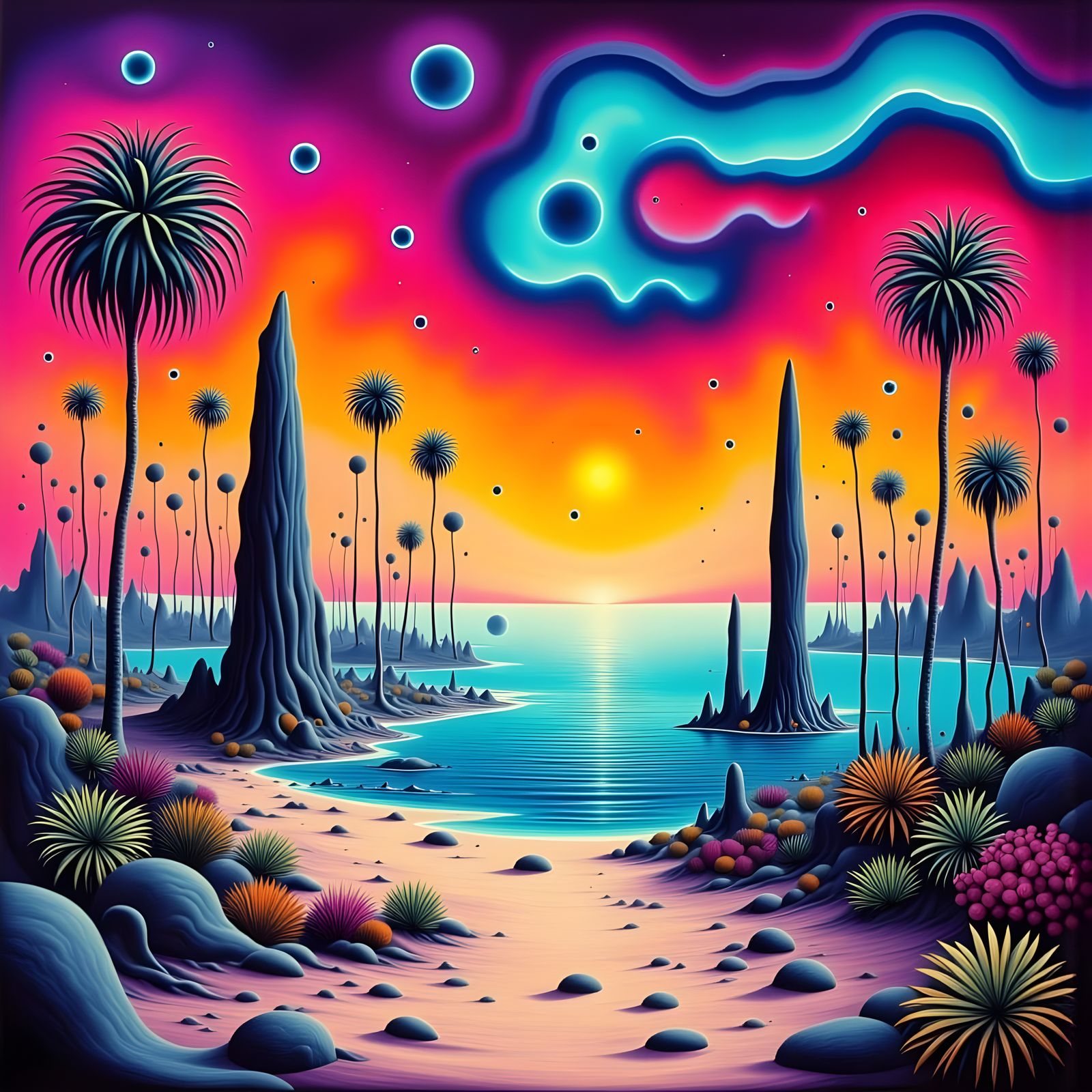 Surreal Abstract Beach Scene in Trippy Colors