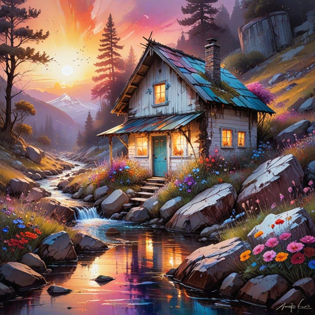 Vibrant Sunset Landscape with Glowing Cabin and Stream