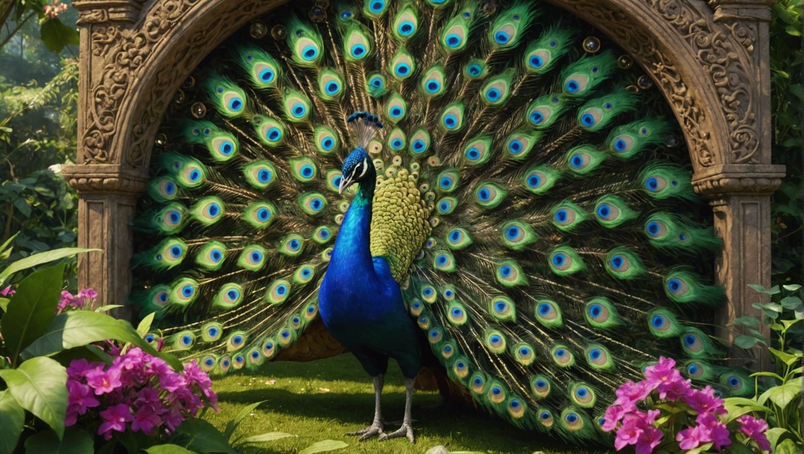 Jeweled Peacock in Lush Indian Garden