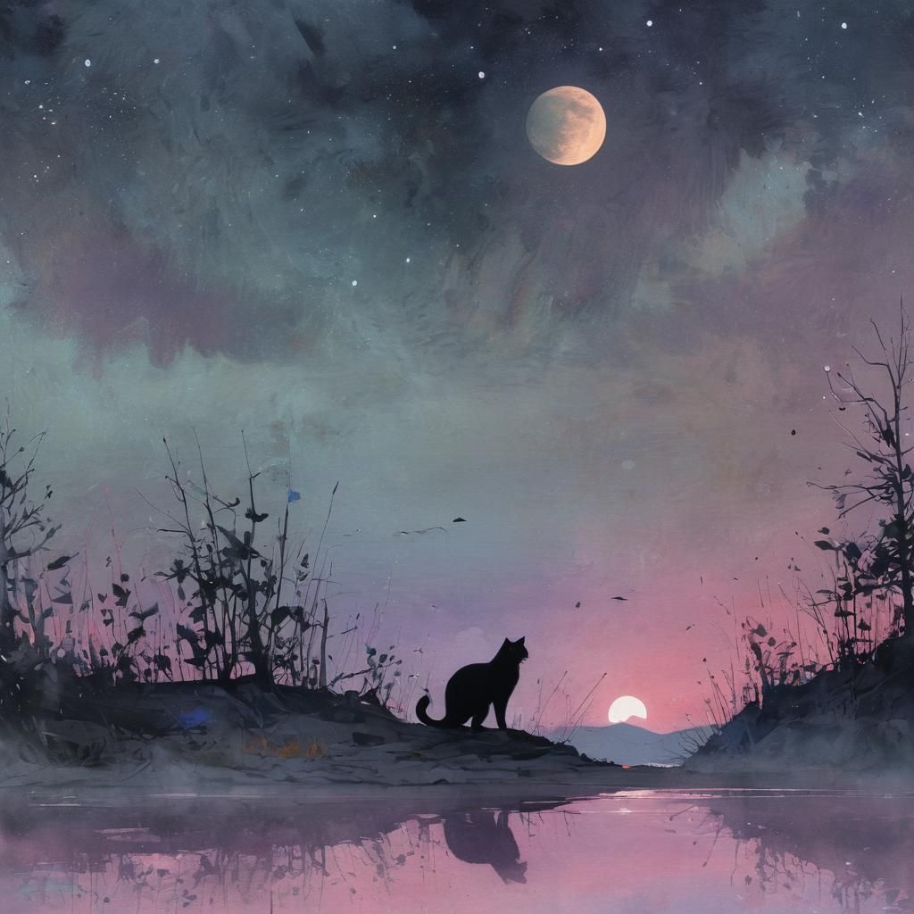 Black Cat Silhouette Under Full Moon, Watercolor Style