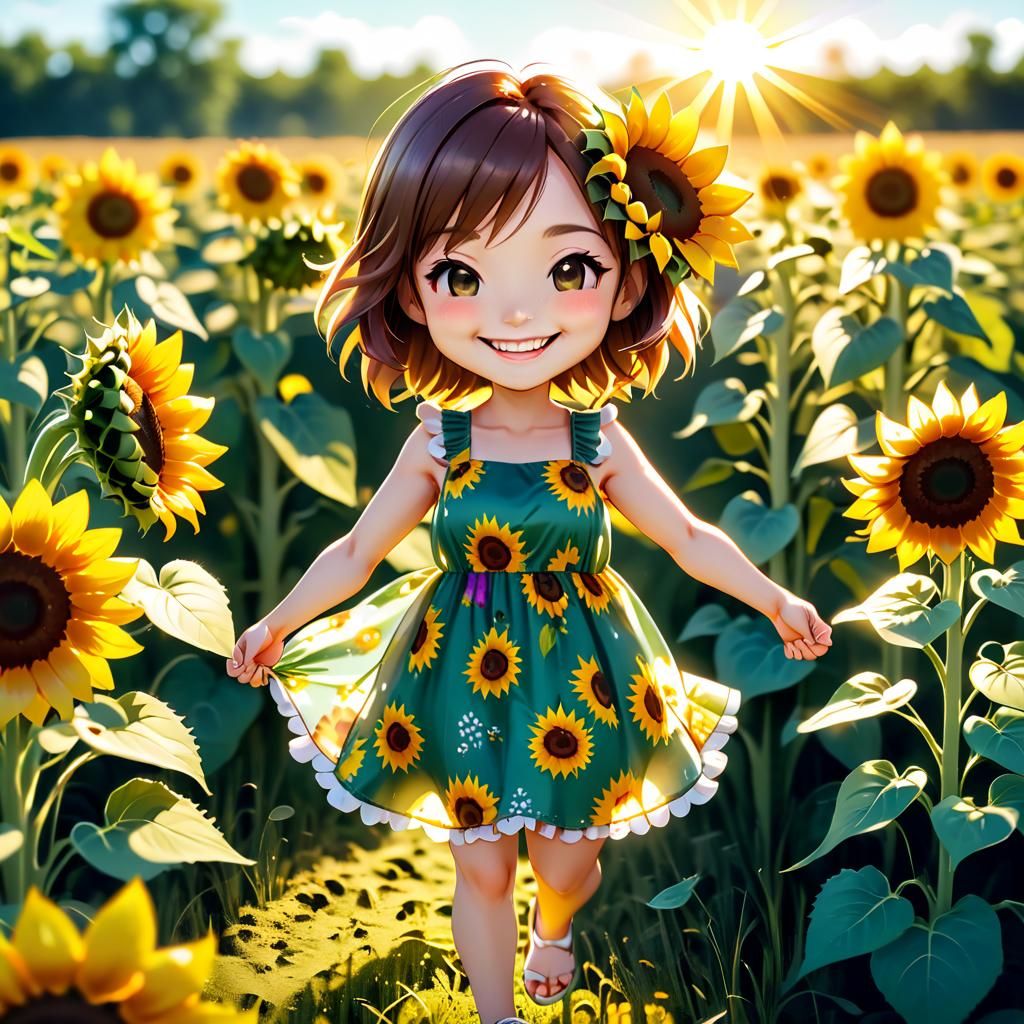 Cute Chibi Girl with Sunflowers in Sunny Field