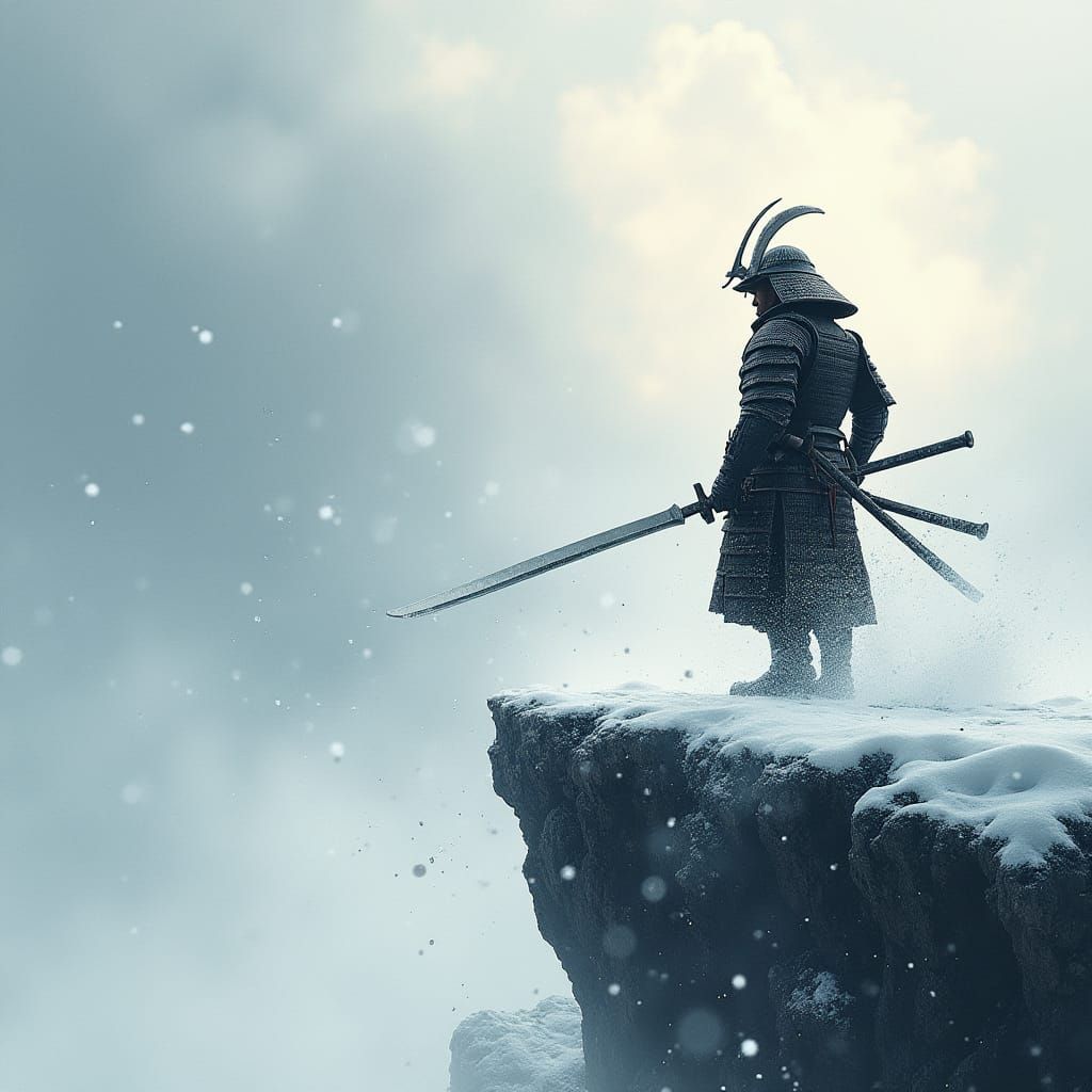 Samurai on Snowy Cliff: Ink Wash Painting