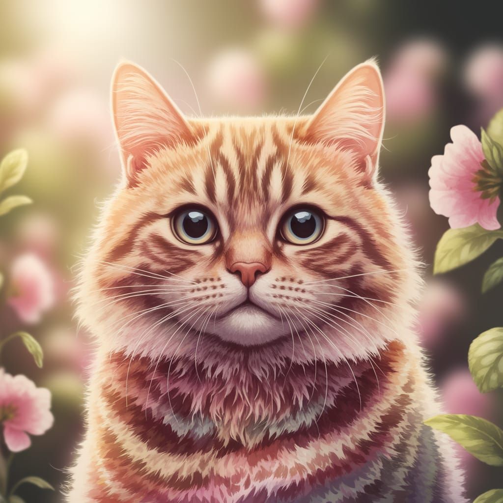 Vibrant Watercolor Cat in Whimsical Garden Scene