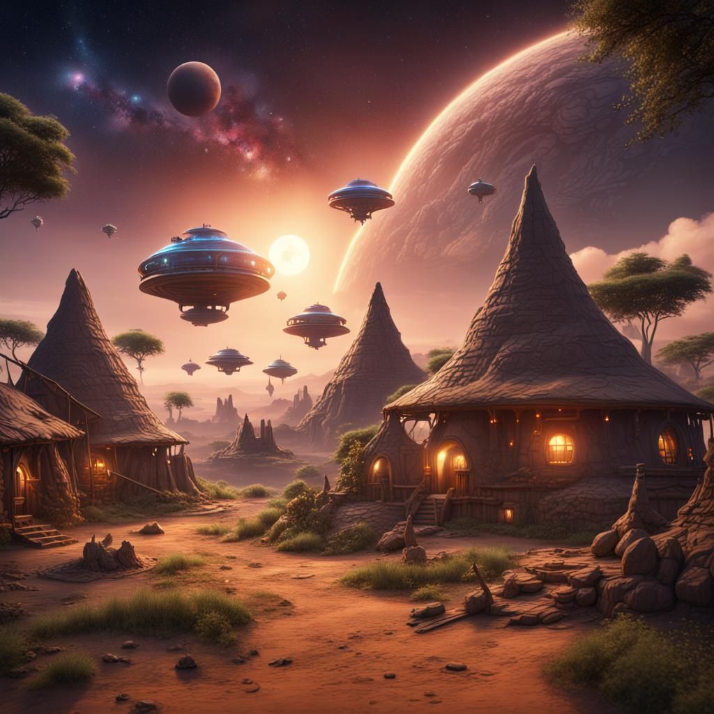 African Fantasy Village with Spaceships: Detailed Matte Pain...