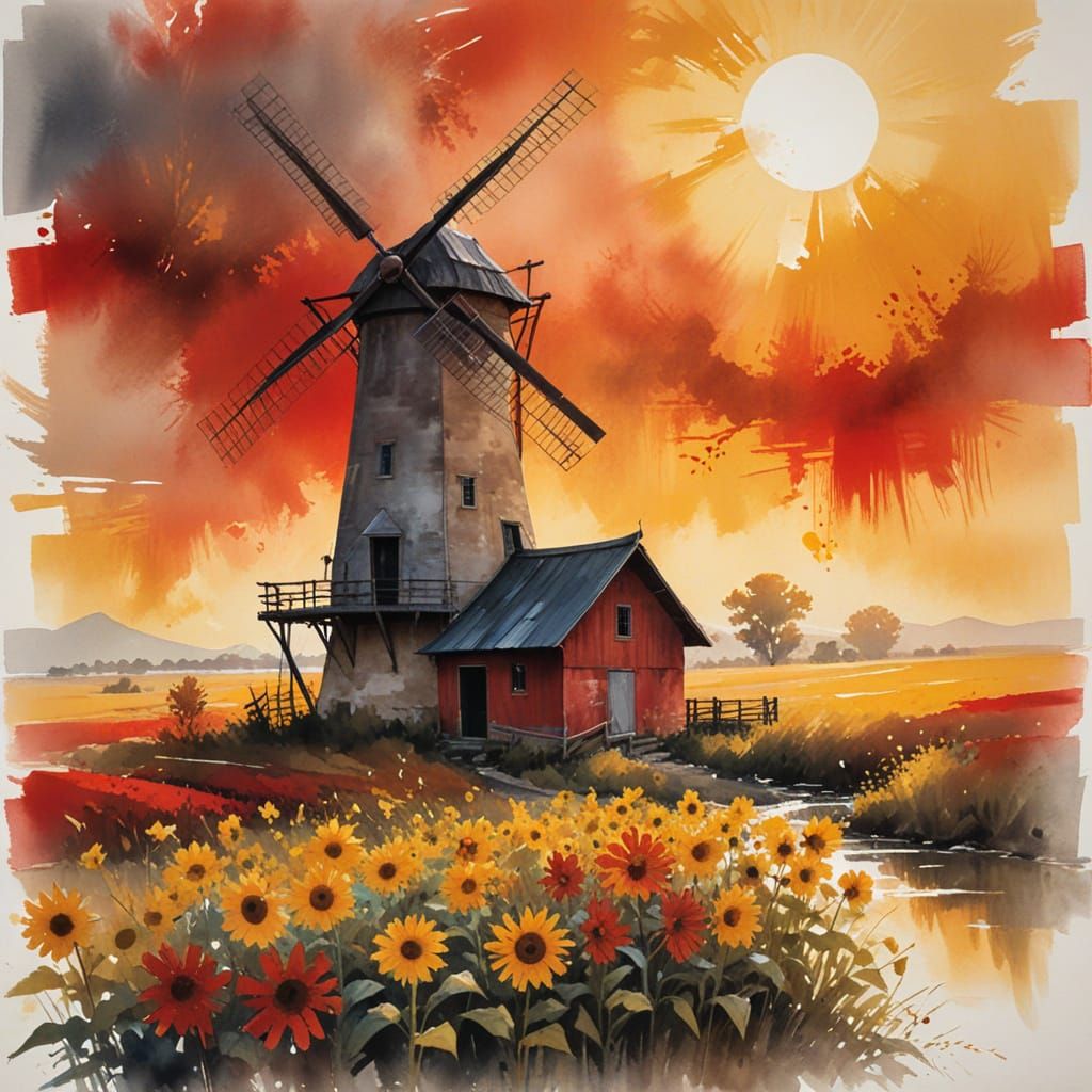 Golden Hour Windmill in Rice Paper Style