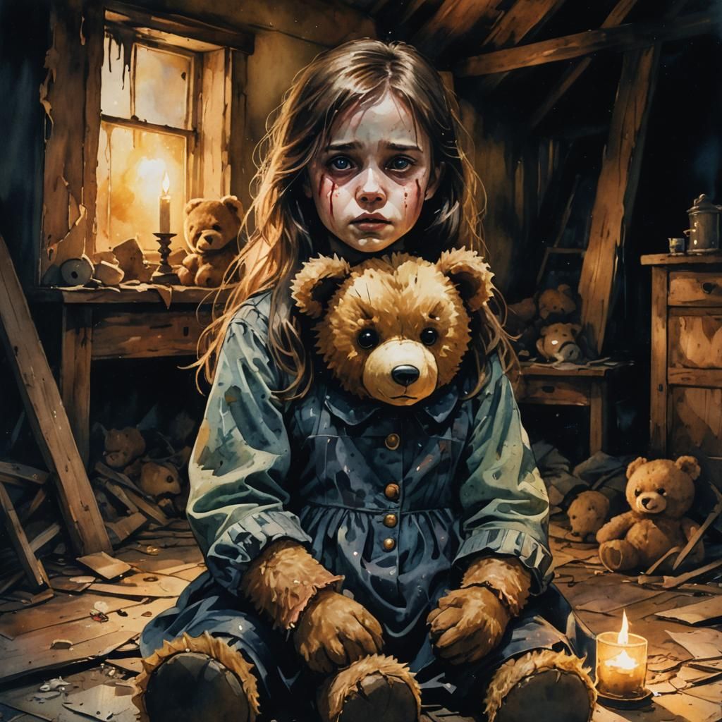 Evil Teddy Bear Grasps Girl: Dark Expressionism