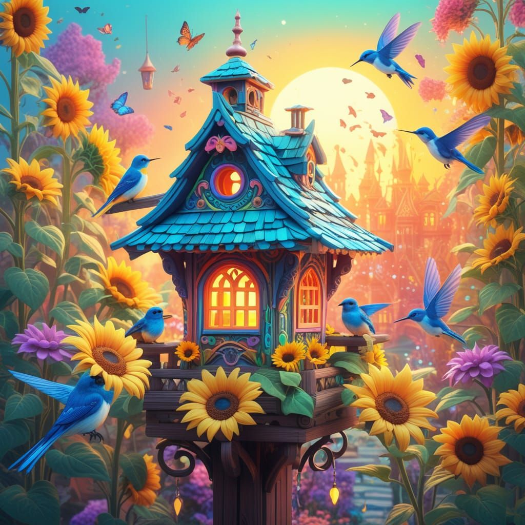 Magical Birdhouse in Vibrant Watercolor Style
