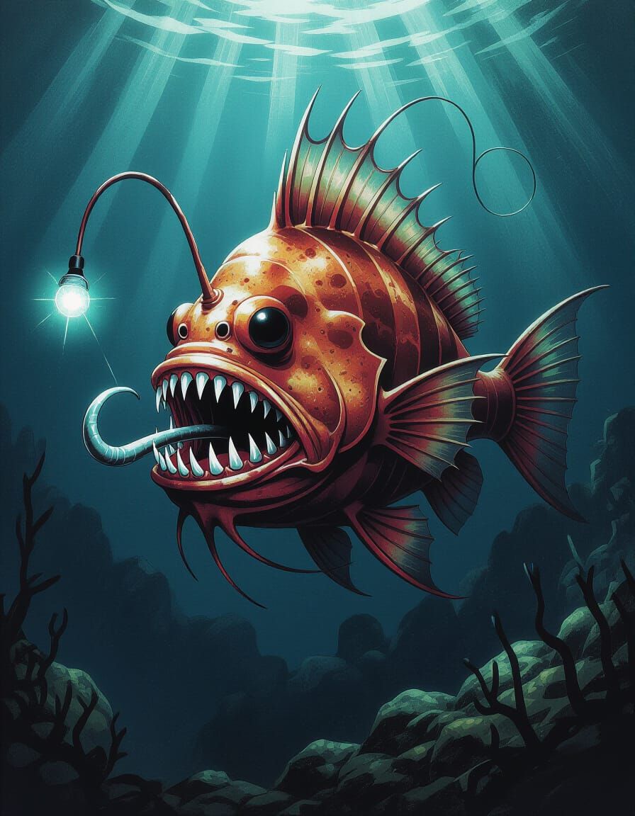 Frightening deep-sea anglerfish with bioluminescent lure. Vicious terth.Black soulless eyes. Action pose