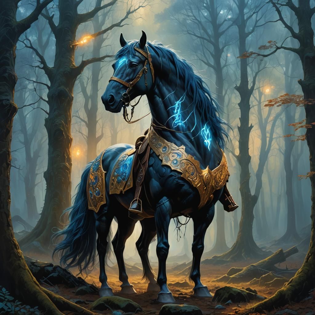 Armored Runed Horse in Mystical Forest, as Oil Painting
