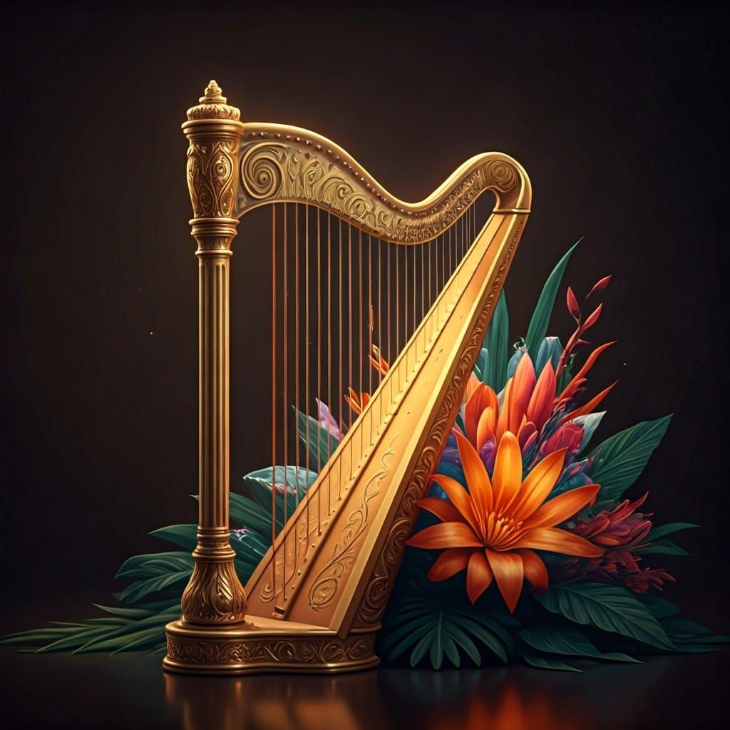 Golden Harp Amidst Vibrant Blooms in Dreamlike Setting