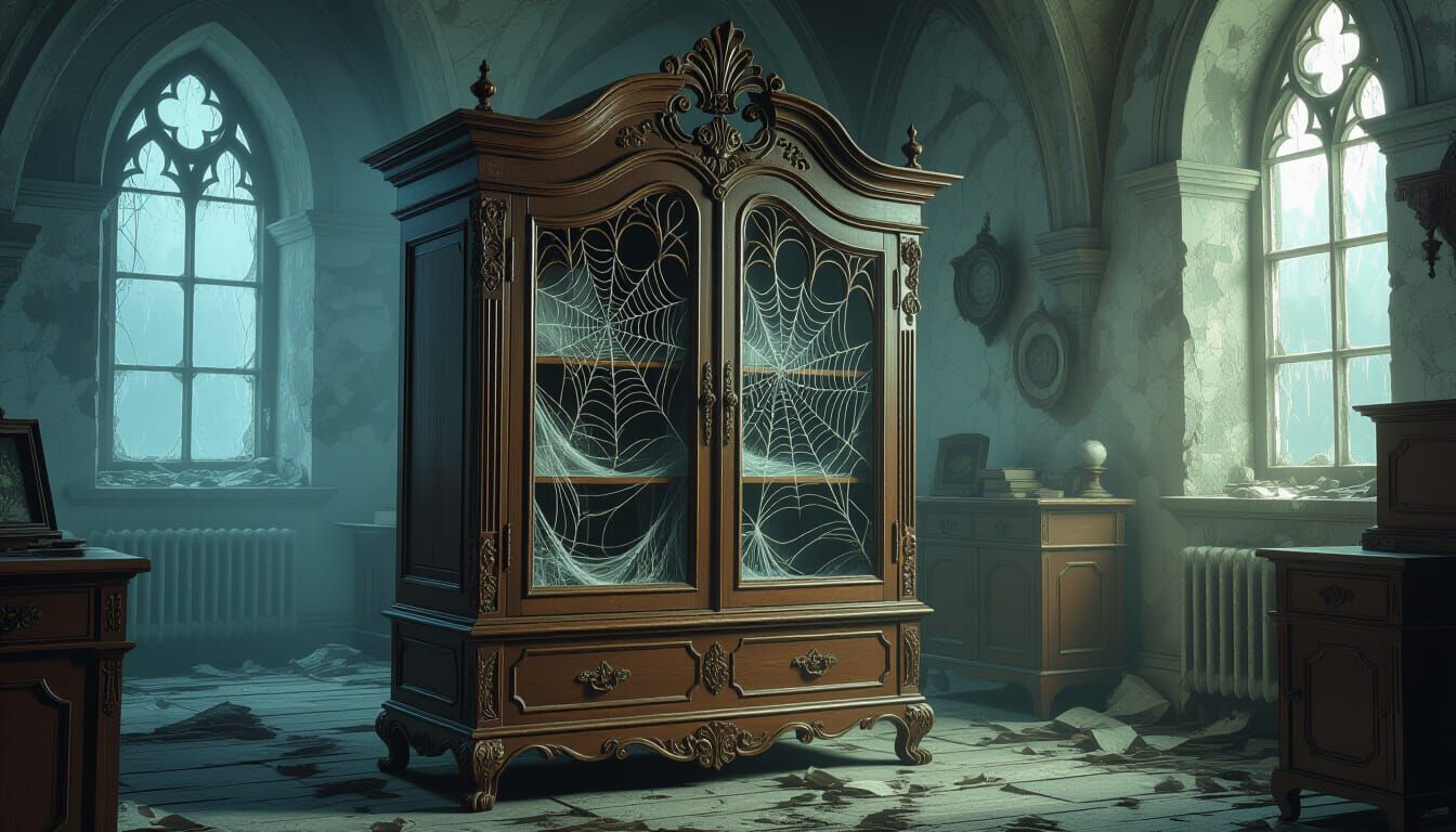 Gothic Cabinet of Ethereal Spiderwebs in Dim Light