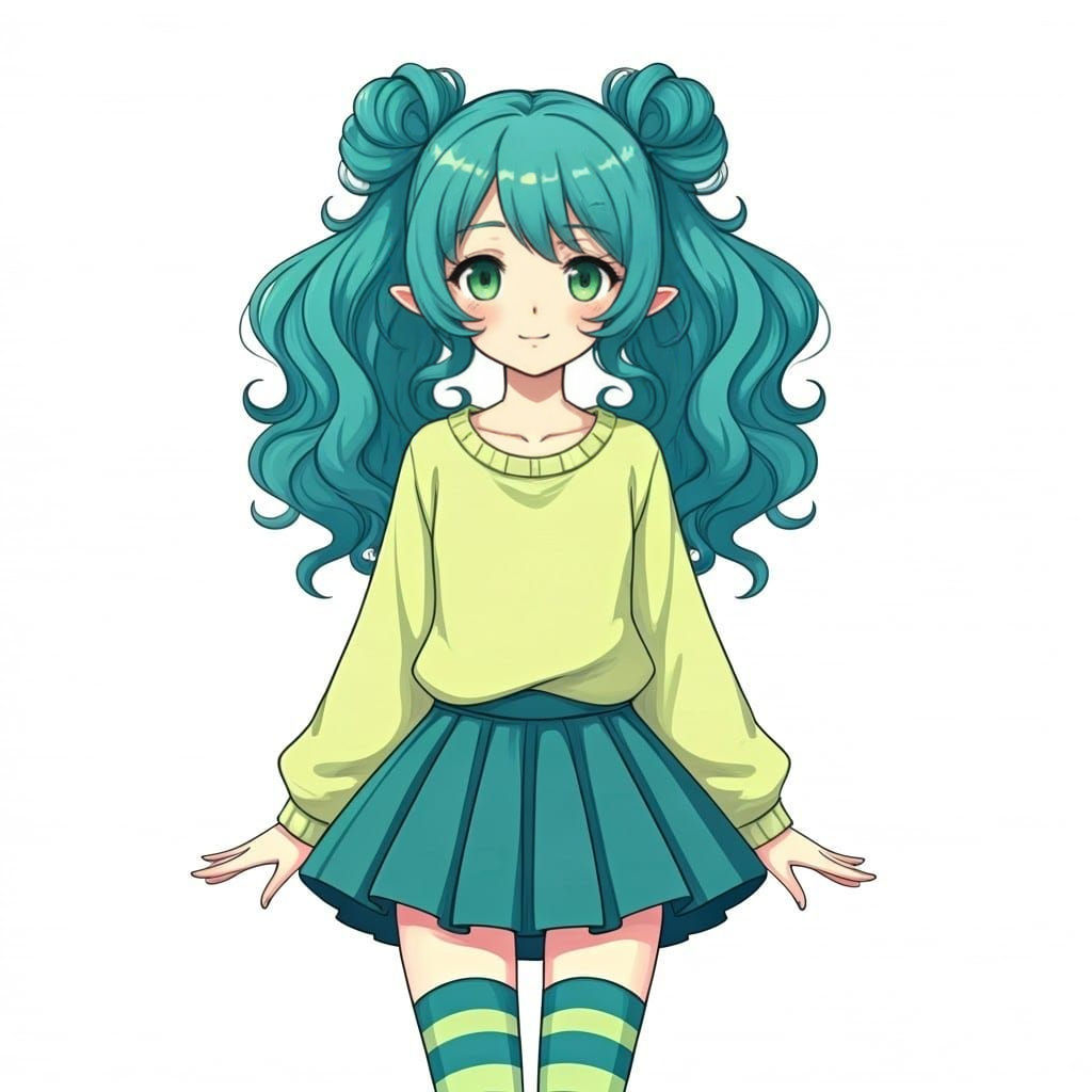 Cute Anime Girl in Teal Hair and Lime Outfit