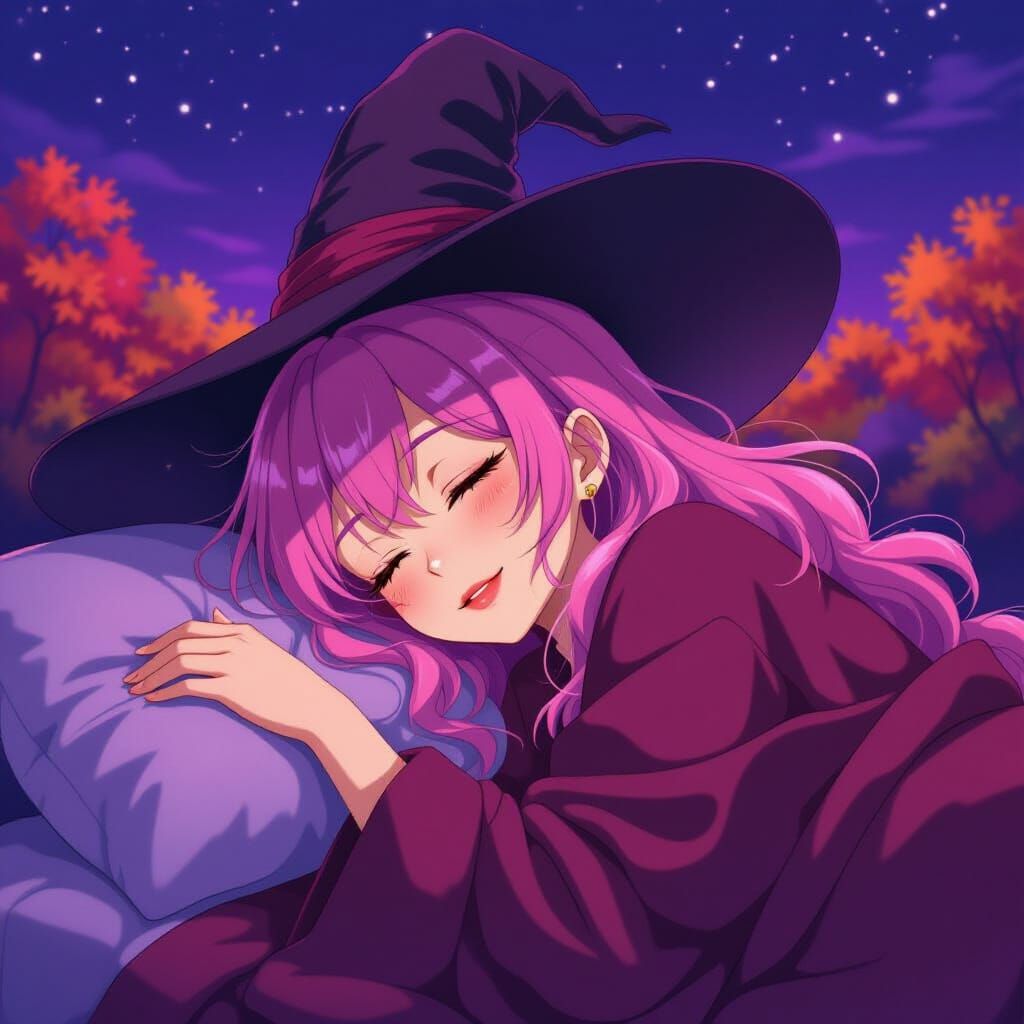 Mystical Anime Witch Sleeps in Autumn Night Landscape