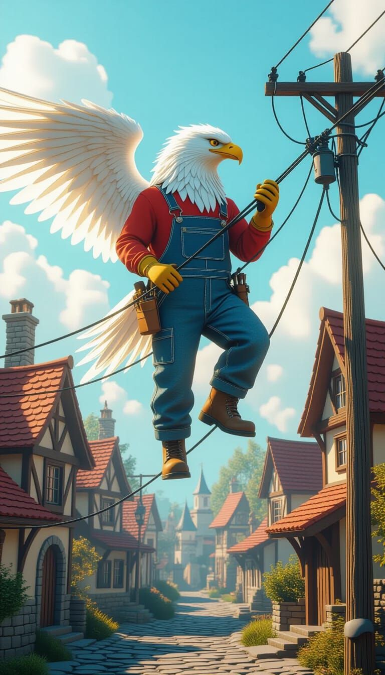 Griffin Fixes Power Lines Over Fairytale Village in 3D Style