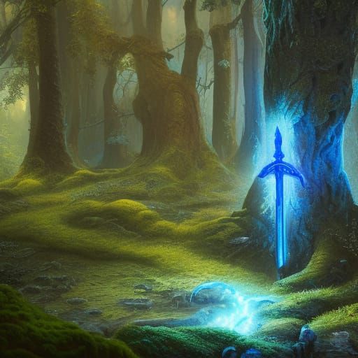 Glowing Blue Sword in Mossy Stone Art