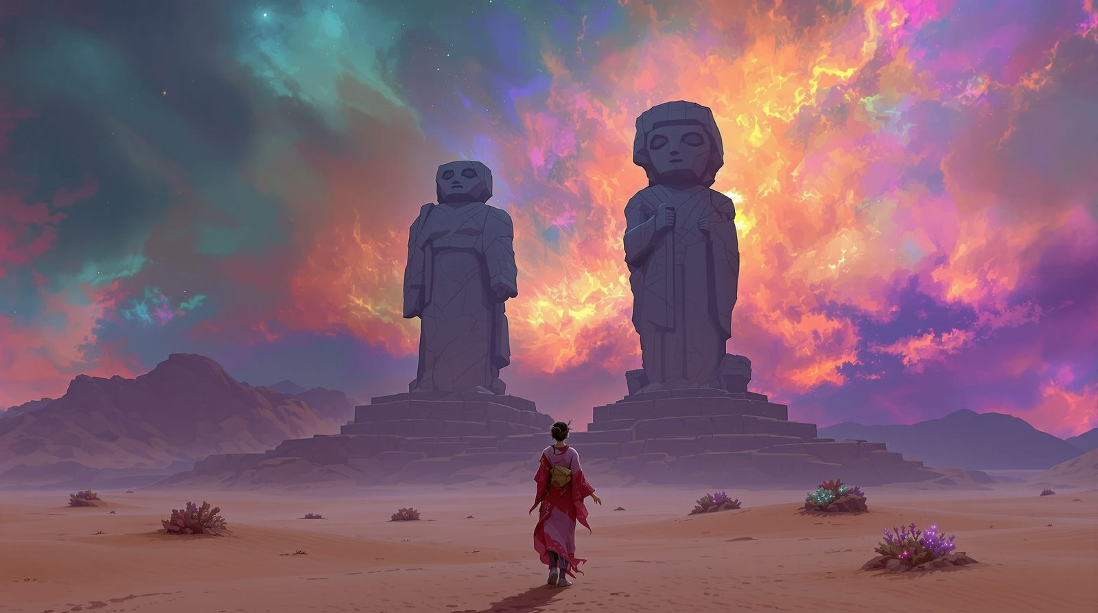 Woman Gazes at Alien Gods in Nebula Sky