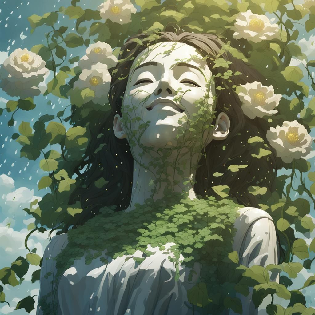 Surreal Wooden Mask Floats Above Headless Statue