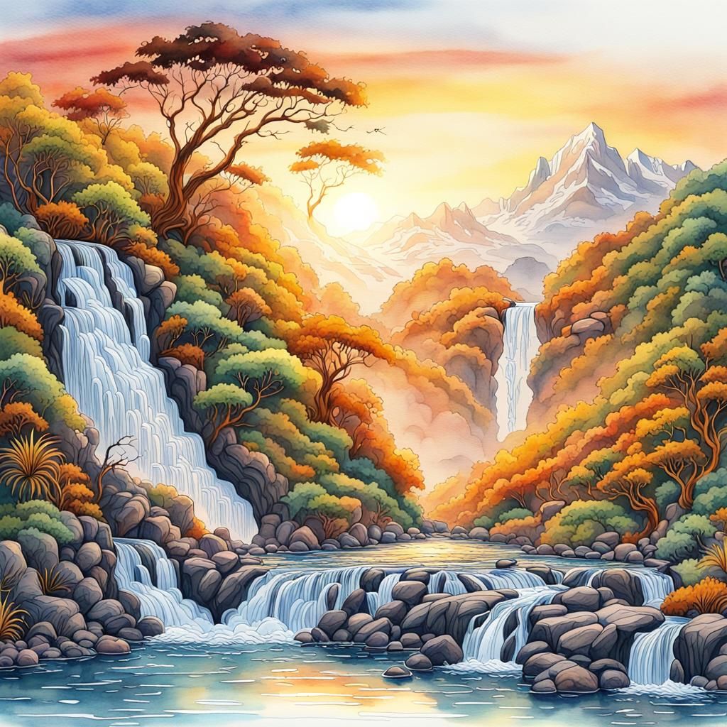 New Zealand Waterfall Sunrise in Watercolor and Ink