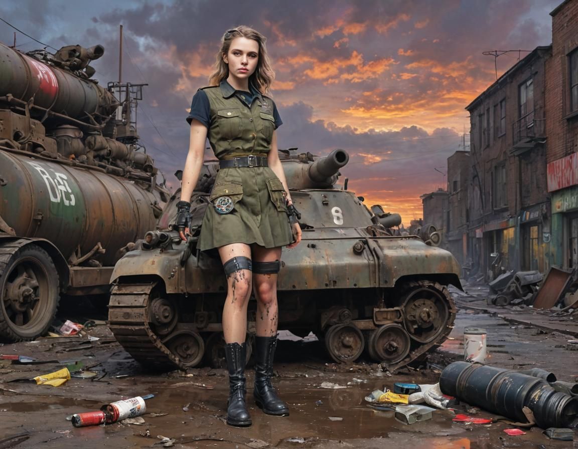 Dieselpunk Soldier Girl with Panzer Tank