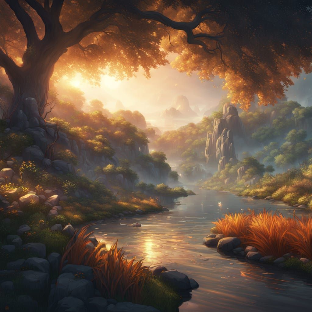 Fantasy River Scene with Golden Lighting