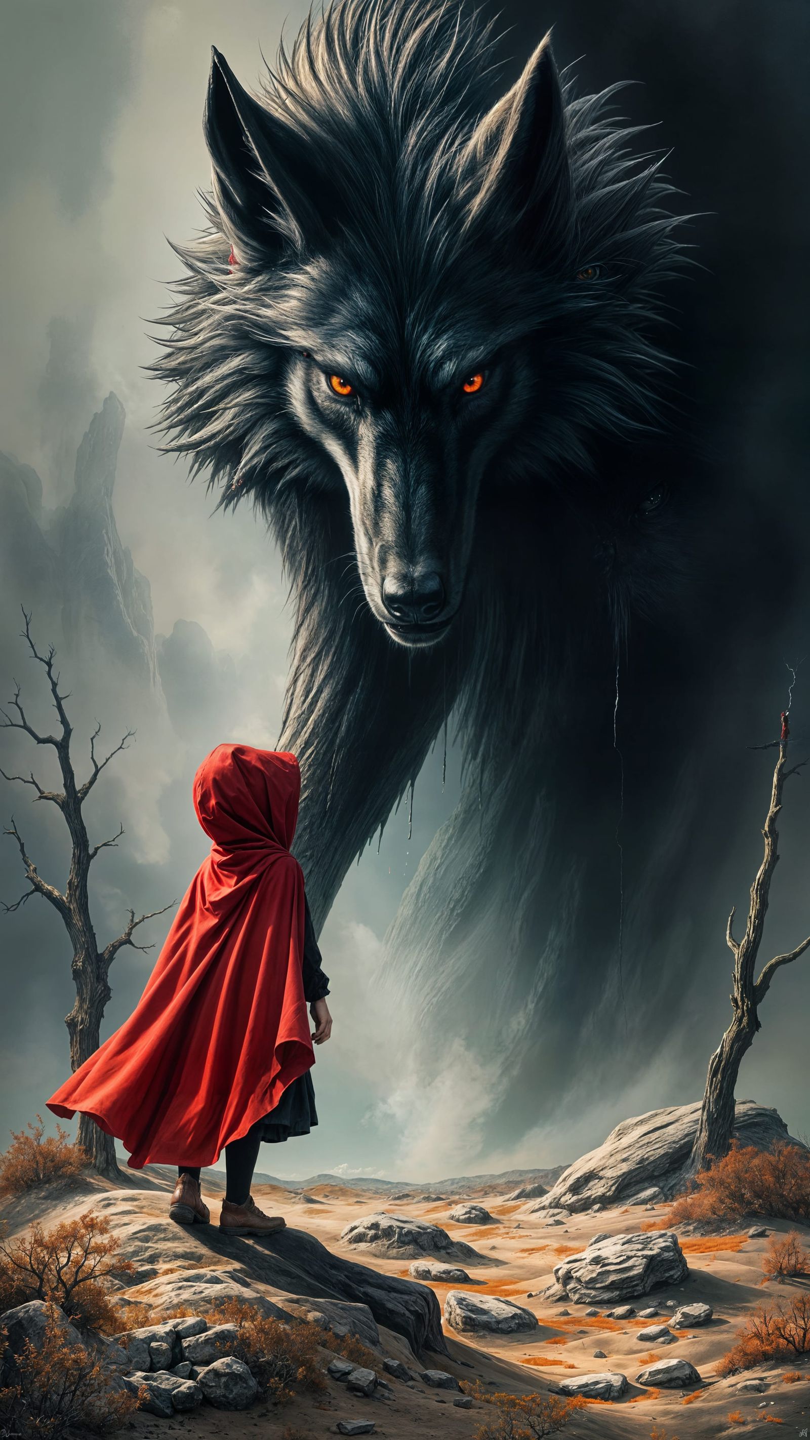Little Red Riding Hood Confronts the Wolf as Gouache Art