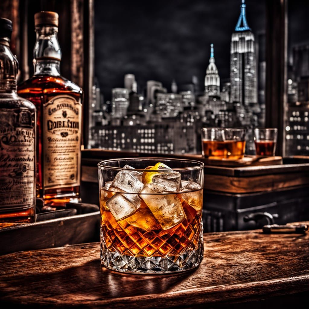 Vintage New York Bourbon Old Fashioned Scene in Moody HDR