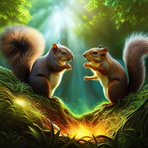 Squirrel Warriors Clash in Forest: Hyperrealistic 8K