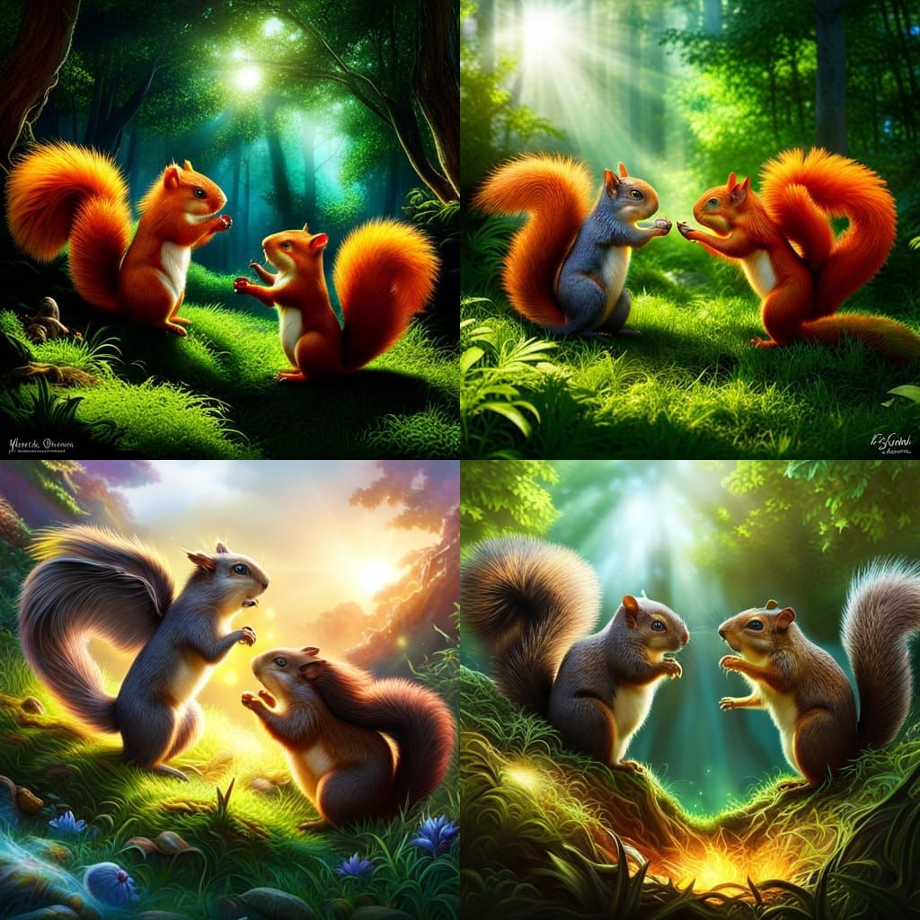 Squirrel Warriors Clash in Sunlit Forest: Hyperrealistic Art