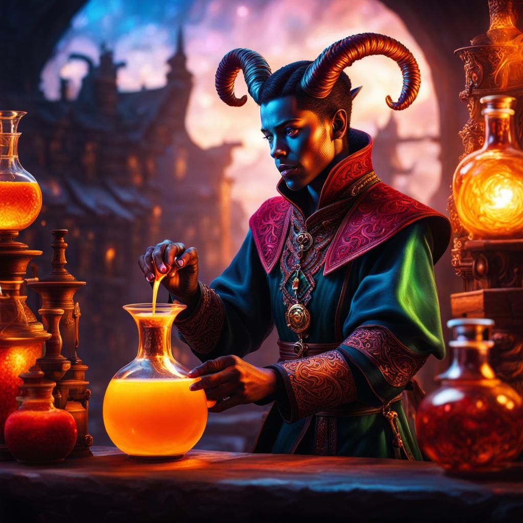 Tiefling Alchemist Mixing Vibrant Potion, Hyperrealistic
