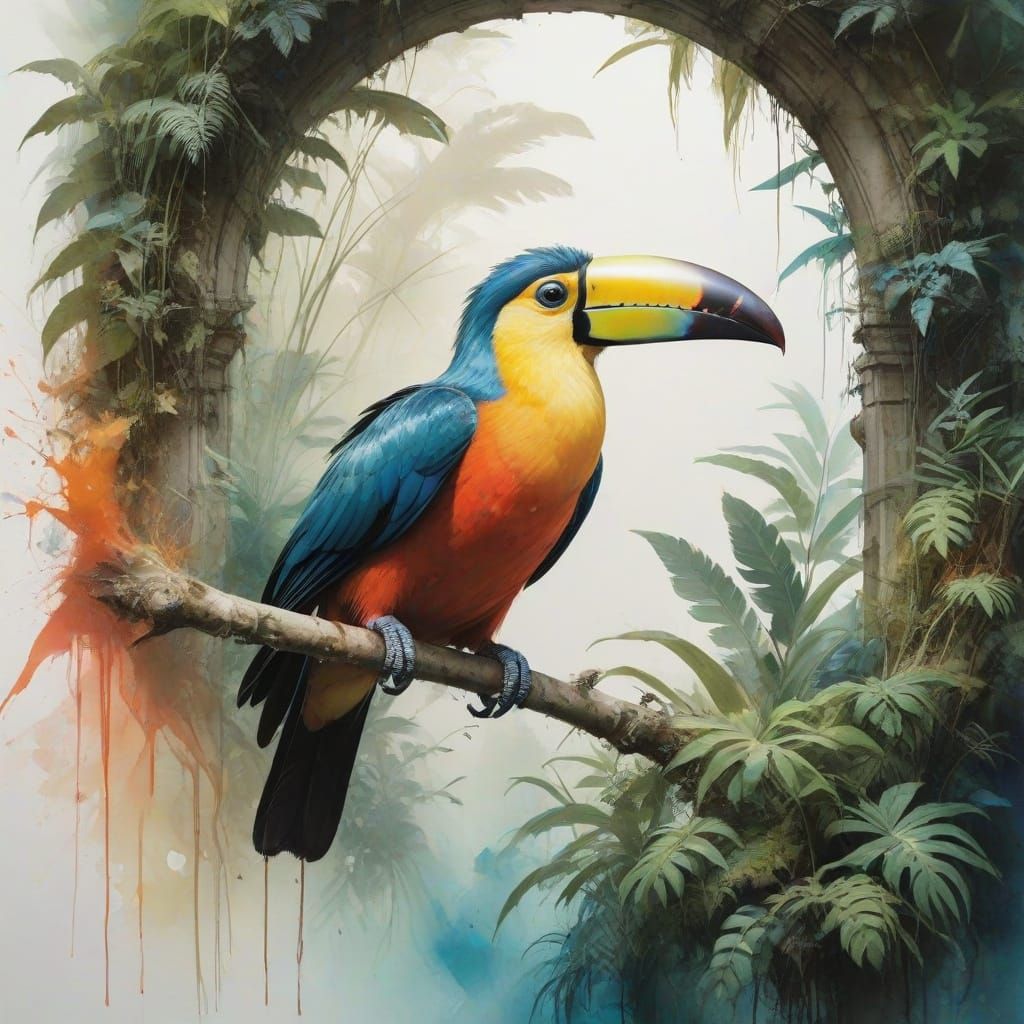 Rainforest Ruin with Vibrant Toucan in Dreamlike Watercolour...