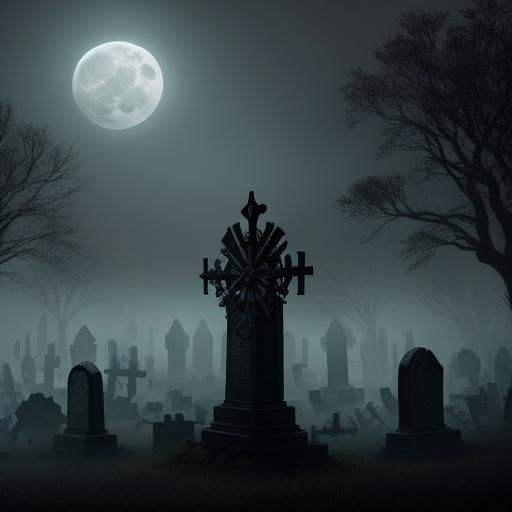 Eerie Gothic Graveyard with Skulls and Misty Atmosphere
